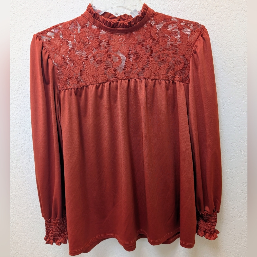 Cato Brand Women Rust Colored Long Sleeve  Lace Trim Romantic Blouse Size Small